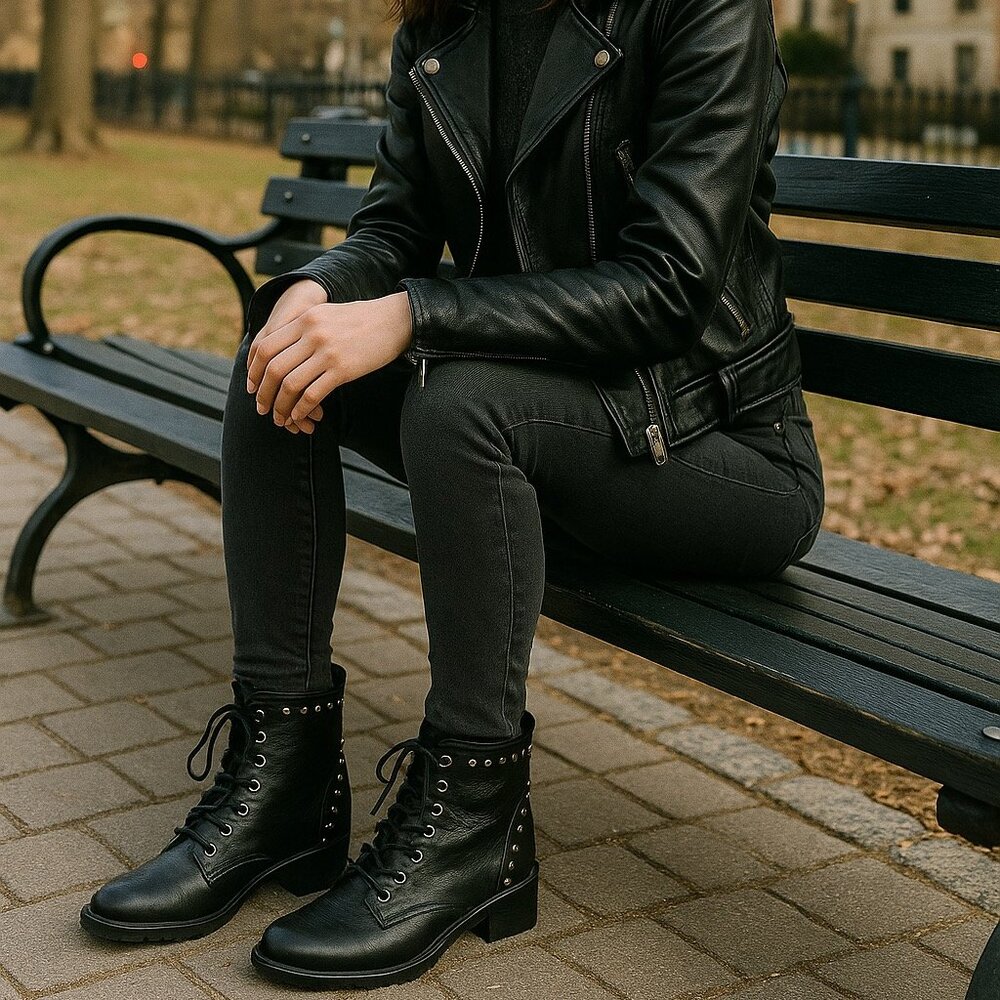 Stuart Weitzman Lashease Blk Leather Studded Ankle Boots 8.5 Lace Up Moto Grunge